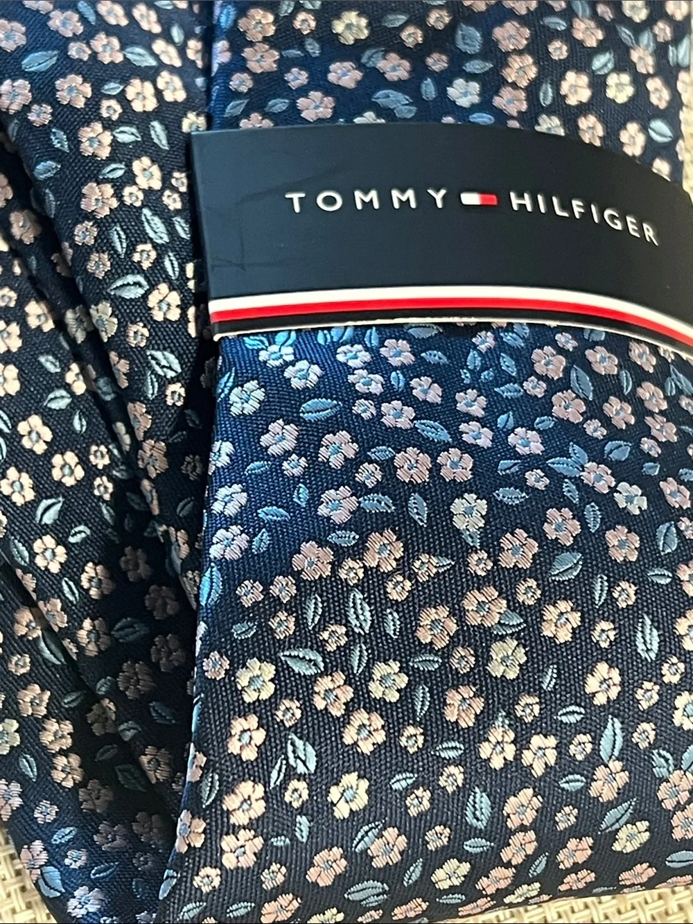 Tommy Hilfiger Navy Floral Microprint Tie with Light Blue and Pale Pink Accents